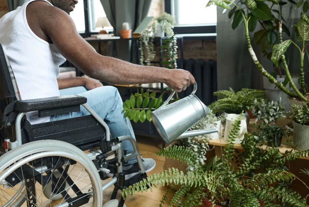 A man in a wheelchair watering indoor plants, representing in-home support SIL.